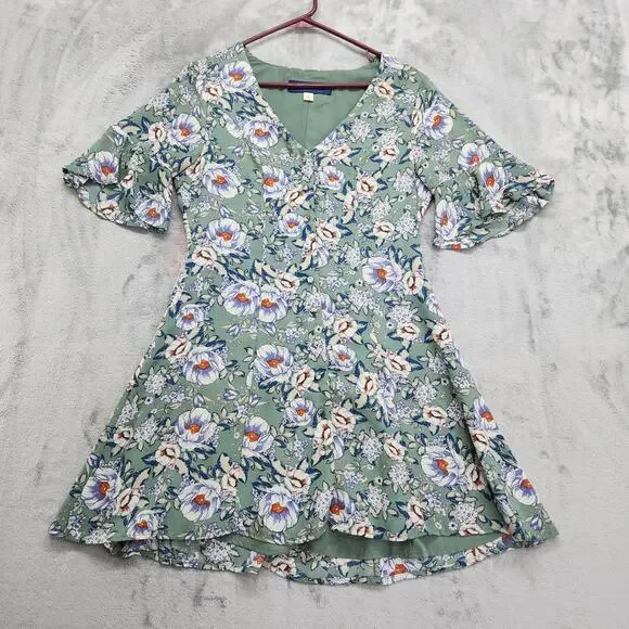 Francescas Blue Rain Dress Womens S Green Floral V-Neck Button Front Mini Lined - Picture 1 of 10